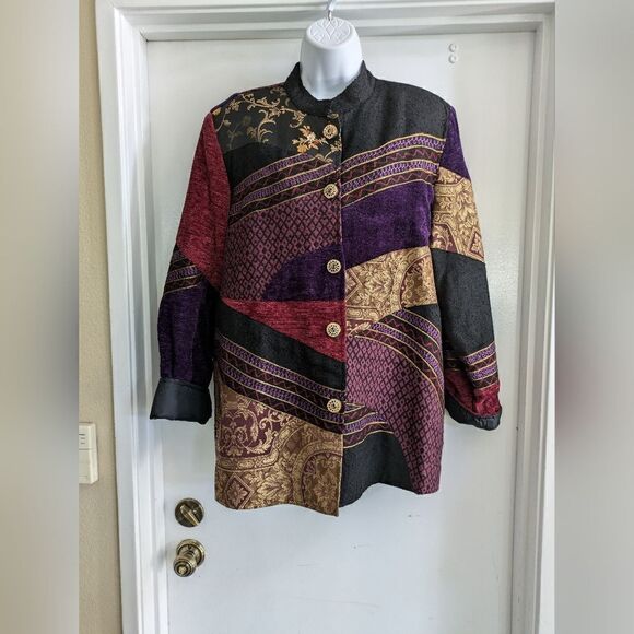 NWT Indigo Moon Button Front Brocade Jacket Chenille Patchwork Embroidered SizeL - Picture 1 of 7